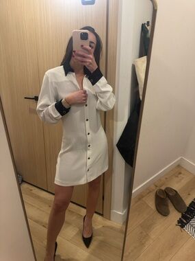 Zara White Mini Shirt Dress with Black Collar & Cuffs